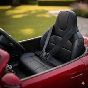 Close-up of an adjustable safety seatbelt and high-back seat on a toddler's toy car.