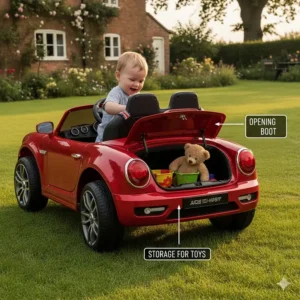 A two seater electric car for kids showing an opening boot for storing toys during garden play.