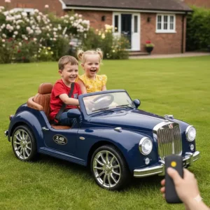 Two children sitting in a large 2-seater electric car with parental remote control for shared play.