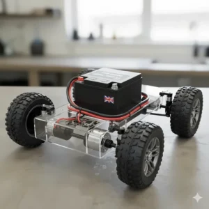 Internal chassis view showing the 12V battery and 4-wheel drive motors of a kids' electric off-roader.