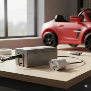 A 12V rechargeable battery pack for a kids' car with a standard British 3-pin plug charger.