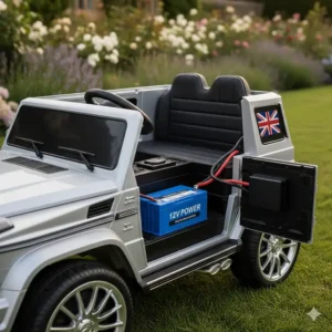 Illustration of the 12V rechargeable battery system powering a luxury electric ride on toy.