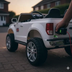 Demonstration of the easy-access charging port for the 12v rechargeable battery on a kids' pickup truck.