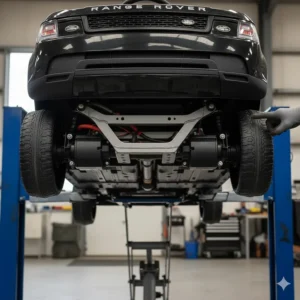 Underbody view of an SUV ride-on car showing the twin motor assembly and rugged chassis construction.
