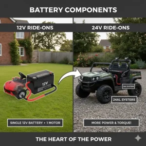Diagram showing a single 12V battery compared to a 24V system, explaining the increased power output for the motors.