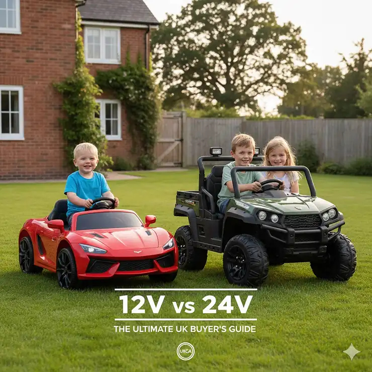 A side-by-side comparison of a 12V electric ride-on car and a 24V kids' UTV on a British garden lawn. 12v vs 24v ride on car