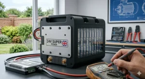 Close-up photorealistic illustration of a high-performance 24V battery pack with a British flag icon, showing the internal cells and power management system.