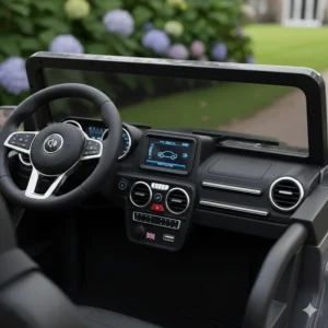 The realistic dashboard of a 4WD ride-on toy featuring a working horn, MP3 player, and USB port.