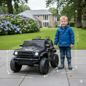 A size guide showing the height and length of the 4WD ride-on car in centimetres compared to a child.