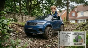 A child driving a 24V 4x4 ride-on toy with chunky all-terrain tyres over a gravel and dirt track in a typical British garden setting.