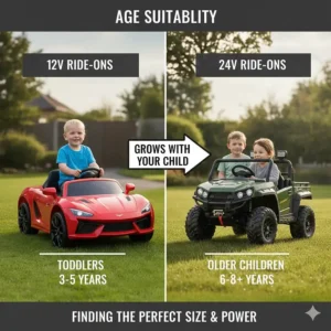 A chart indicating 12V cars are best for toddlers aged 3-5, while 24V models suit older children up to 8 years.