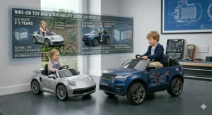 A suitability guide showing two children of different ages next to a silver sports car and a blue SUV ride-on toy, detailing age ranges and recommended speeds.