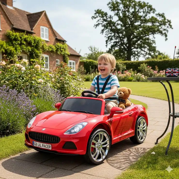 A young child driving a red electric ride-on car on a paved garden path in the UK. ride on car for 3 year old