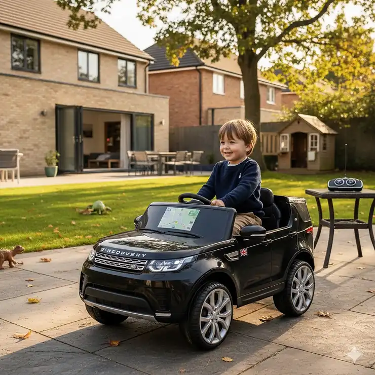 A child driving a premium electric ride on car outdoors, representing the best value models available in the UK for under £300. ride on car under £300
