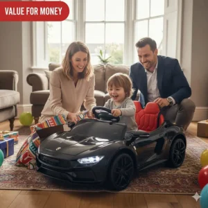 A happy child receiving a cheap ride on car as a birthday gift in a British living room.