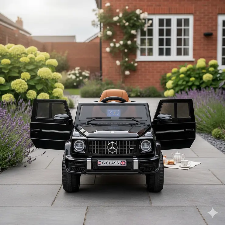 A child’s black licensed Mercedes-style electric ride on car with opening doors parked on a garden patio. ride on car with opening doors