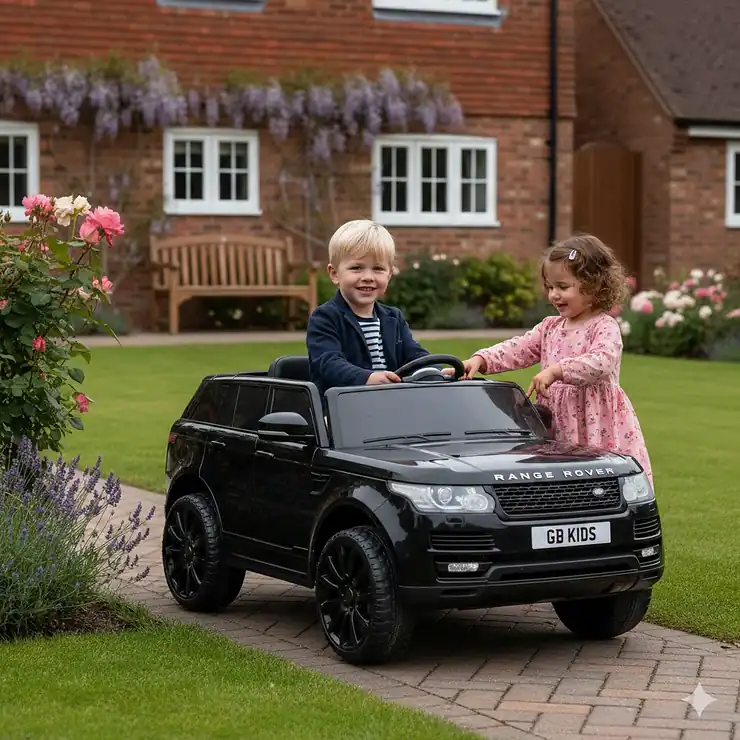 Two young children playing with a black licensed Range Rover style SUV ride-on car in a British garden. suv ride on car