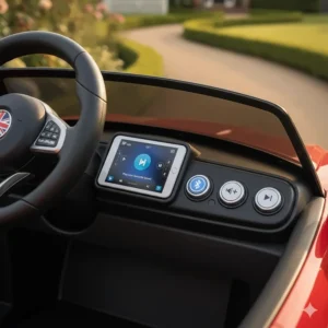 Close-up of a toy car dashboard showing the Bluetooth pairing button and music controls for a toddler's electric vehicle.