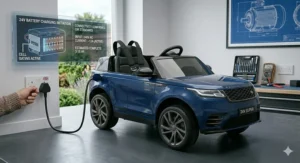 A hand plugging a black cable into a standard UK three-pin wall socket to charge a blue 24V electric ride-on car with a digital charging status overlay.