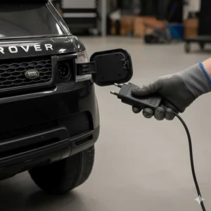 A hand connecting a UK mains charger to the integrated charging port on a black SUV ride-on car.