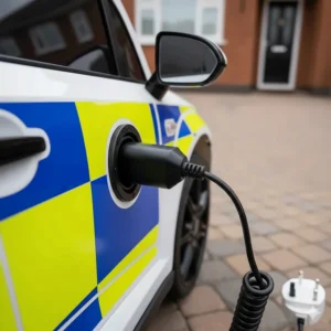 A side view of the charging port and UK mains plug adapter for a 12V electric police car.