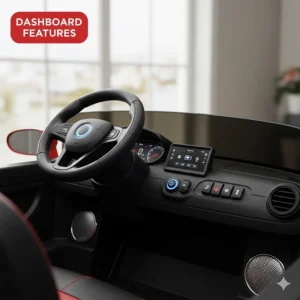 The realistic dashboard of an affordable ride on car featuring a horn, music buttons, and LED lights.