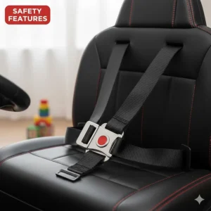 Close-up of a secure 3-point safety harness inside a budget-friendly toy car for toddlers.