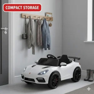 A compact electric toy car stored neatly in a British hallway near a coat rack.