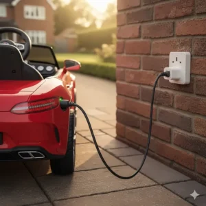 A close-up of a red toy car being charged from a standard UK 3-pin wall socket on a brick exterior wall.