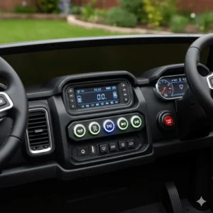 Illuminated dashboard of a pickup truck ride-on featuring a working horn, lights, and MP3 music player.
