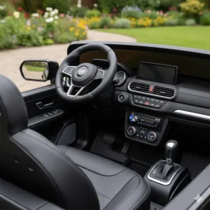 High-detail interior of an electric SUV ride-on car dashboard featuring a steering wheel, gear stick, and media player.