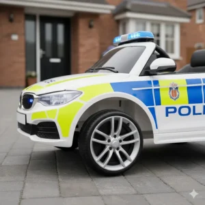 Durable anti-slip wheels of a police ride-on car suitable for use on garden paths and pavements.