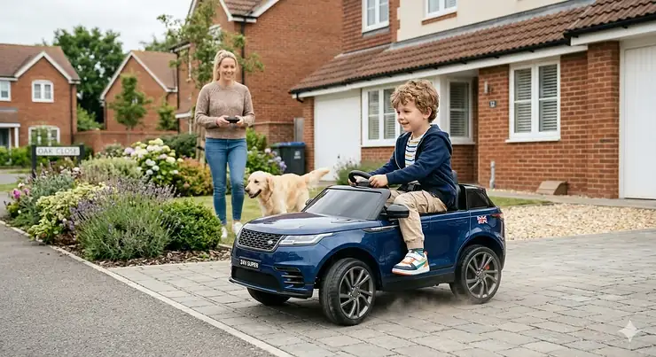 A young child driving the fastest ride-on car for kids, a blue 24V electric Land Rover model, on a paved UK driveway in front of modern brick houses. fastest ride on car for kids