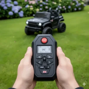 A 2.4G parental remote control unit used to steer a 4WD ride-on car for extra safety.