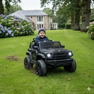 A 4WD ride-on car navigating a lawn, highlighting its off-road performance in a British garden setting.