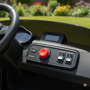 Interactive dashboard of a toy car featuring a working horn, LED lights, and USB port for music.