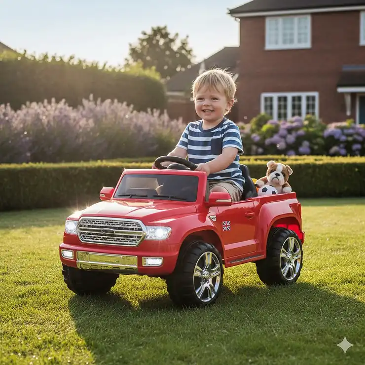 A young child driving a red battery-powered pickup truck ride-on toy on a garden lawn in the UK. pickup truck ride on