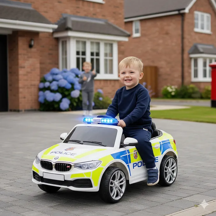 A young child sitting in a white and blue British-style police ride-on car with flashing blue lights on a driveway. police ride on car