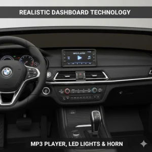 The realistic interior dashboard of a premium kids' car featuring an MP3 player, LED lights, and a functional horn.
