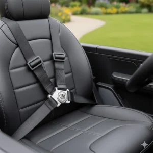 Close-up of a secure 5-point safety harness on the leather-style seat of a children's SUV ride-on car.