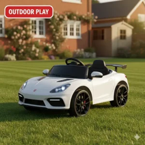 A white battery-powered ride on car parked on a neatly mowed British lawn during summer.