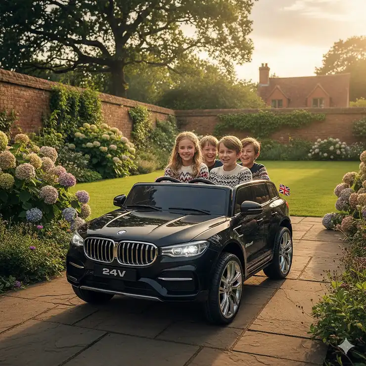 A group of older children driving a large 24v electric ride-on car on a paved garden patio in the UK. ride on car for older kids