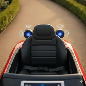 Detailed view of the padded leather-look seat and adjustable safety belt inside a ride-on car with Bluetooth speakers.