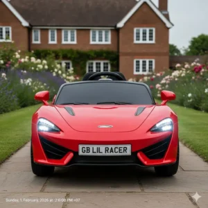 A realistic, licensed ride-on car model with UK-style number plates and working headlights.