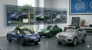A showroom display of officially licensed UK kids' supercars, featuring a blue McLaren, a green Aston Martin, and a silver Bentley ride-on electric car.