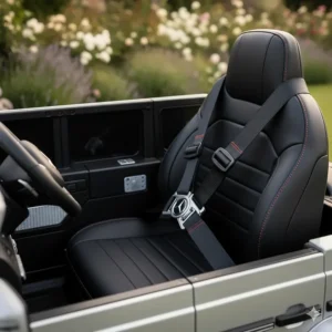 Close-up of the premium faux-leather padded seats in a high-end luxury ride on car.