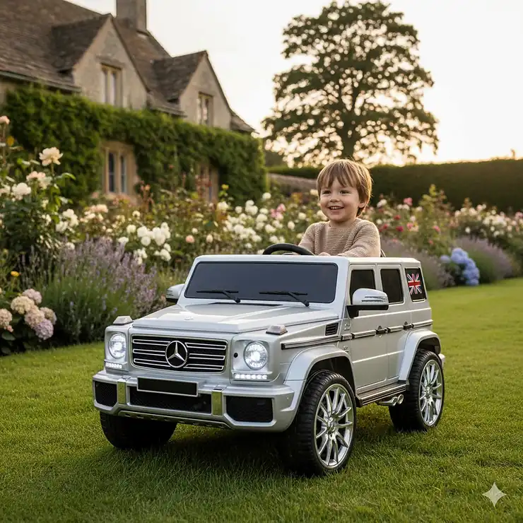 A child driving a luxury ride on car in a British garden setting, featuring realistic alloy wheels and LED lights. luxury ride on car