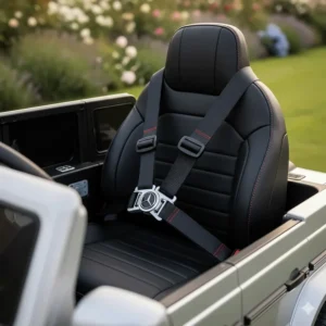 Detailed view of the five-point safety harness inside a luxury ride on car for children.