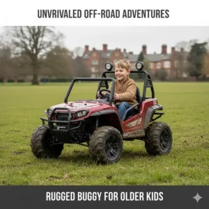 An older child driving a rugged red off-road ride-on buggy across a grassy park field with a British country house in the background.