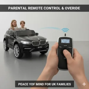 A person holding a 2.4G parental remote control used to safely override a ride-on car for older kids.